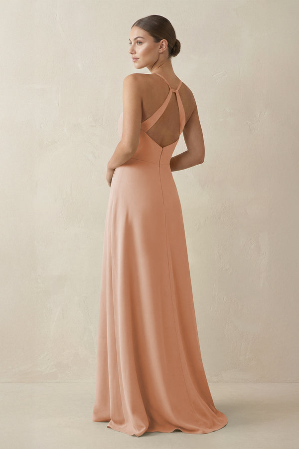 A - Line Chiffon Long Bridesmaid Dress With Slit in Champagne Rose - KissProm