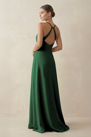 A - Line Chiffon Long Bridesmaid Dress With Slit in Dark Green - KissProm