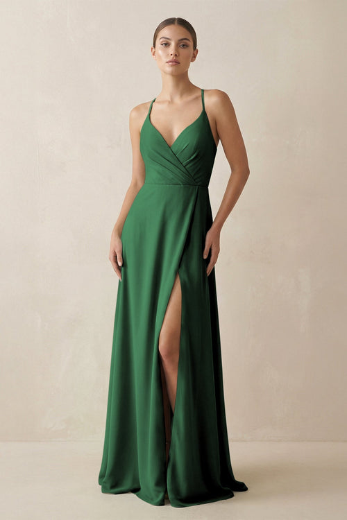 KissProm A-Line Chiffon Long Bridesmaid Dress With Slit in Dark Green, Dark Green / 14