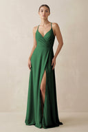 A - Line Chiffon Long Bridesmaid Dress With Slit in Dark Green - KissProm