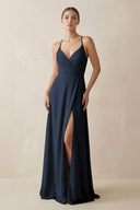 A - Line Chiffon Long Bridesmaid Dress With Slit in Dark Navy - KissProm