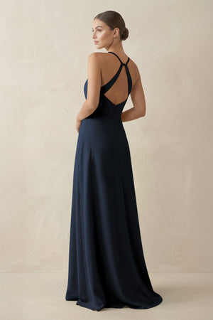 A - Line Chiffon Long Bridesmaid Dress With Slit in Dark Navy - KissProm