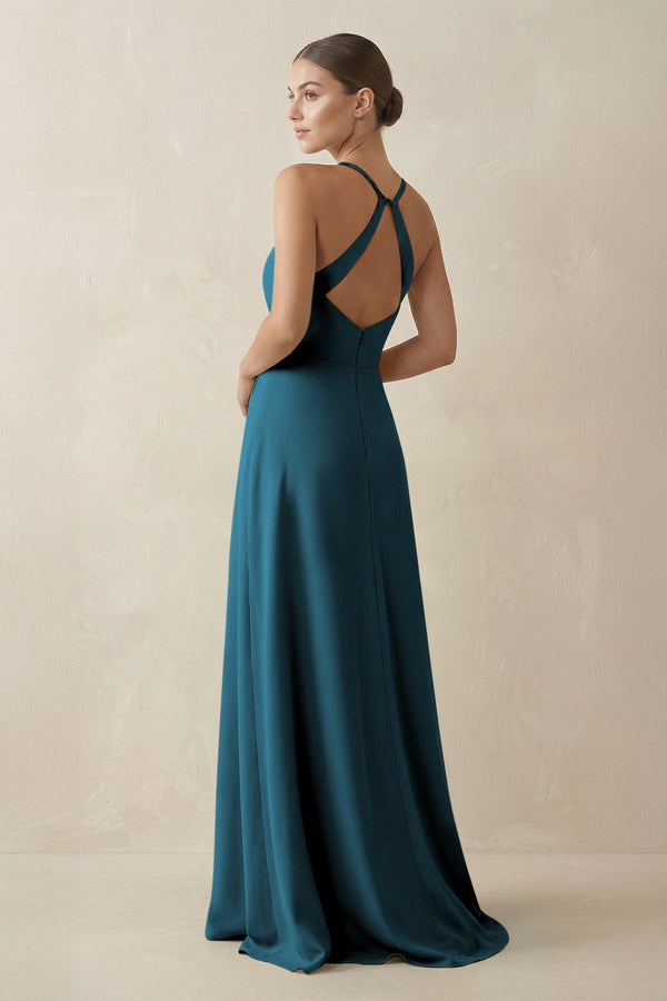 A - Line Chiffon Long Bridesmaid Dress With Slit in Dark Teal - KissProm