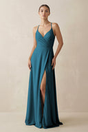 A - Line Chiffon Long Bridesmaid Dress With Slit in Dark Teal - KissProm
