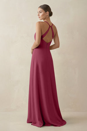 A - Line Chiffon Long Bridesmaid Dress With Slit in Desert Rose - KissProm