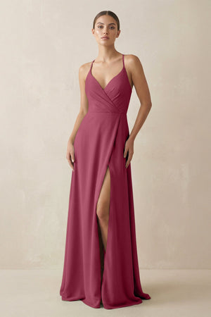 A - Line Chiffon Long Bridesmaid Dress With Slit in Desert Rose - KissProm