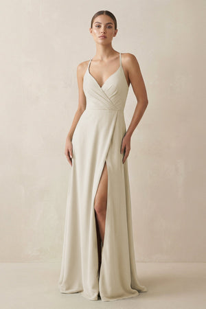 A - Line Chiffon Long Bridesmaid Dress With Slit in Dove Gray - KissProm