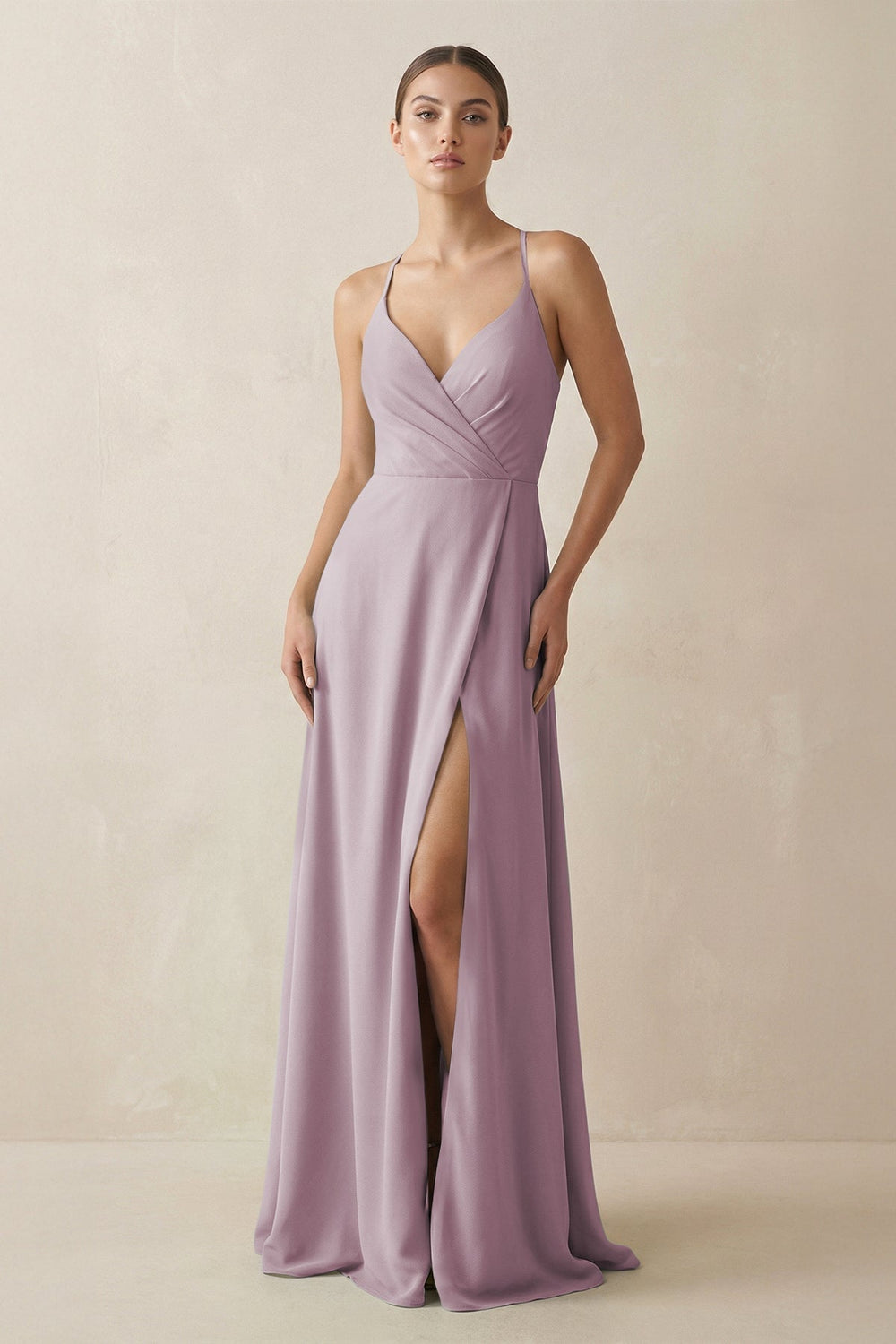 A - Line Chiffon Long Bridesmaid Dress With Slit in Dusk - KissProm