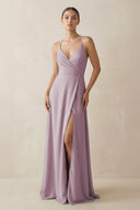 A - Line Chiffon Long Bridesmaid Dress With Slit in Dusk - KissProm