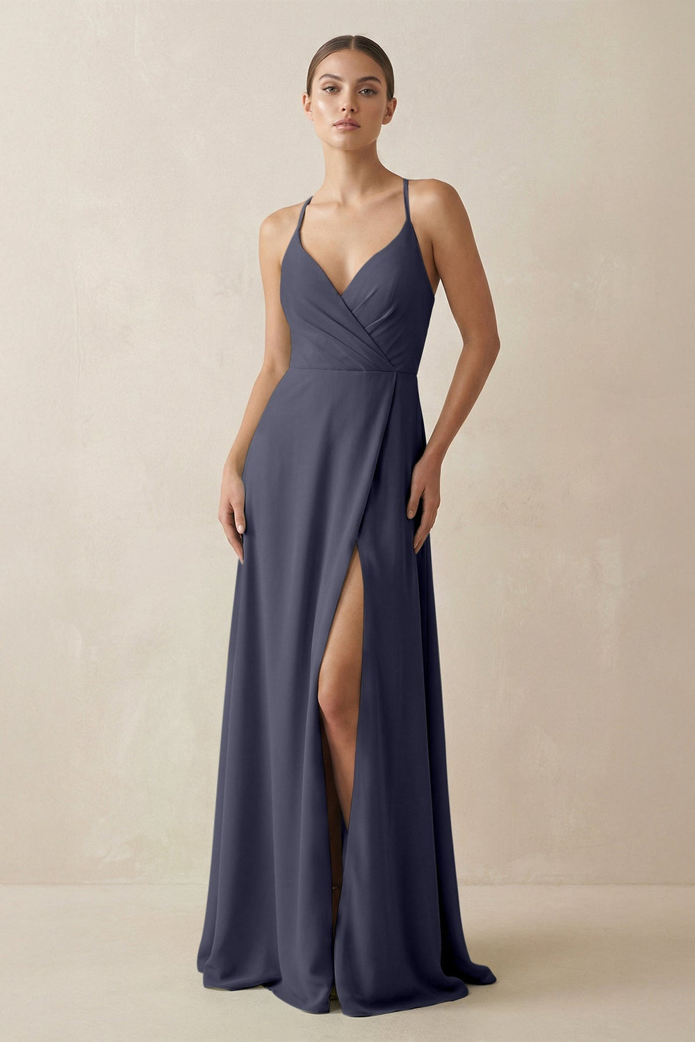 A - Line Chiffon Long Bridesmaid Dress With Slit in Dusk Blue - KissProm