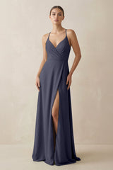 A - Line Chiffon Long Bridesmaid Dress With Slit in Dusk Blue - KissProm