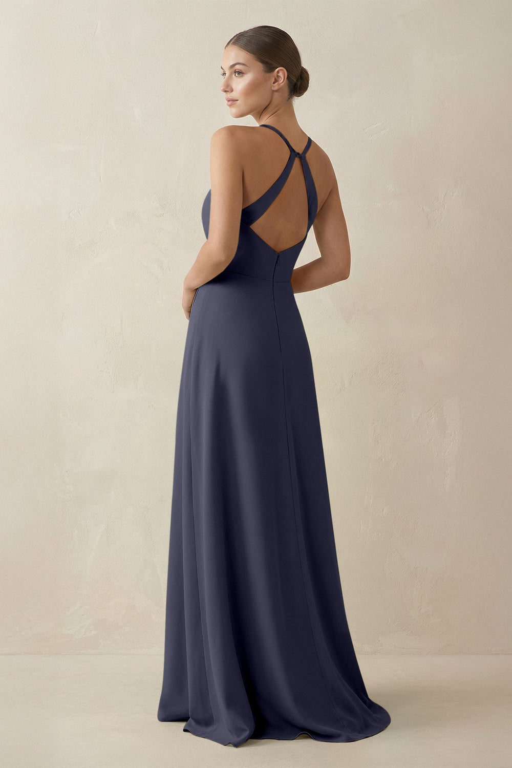 A - Line Chiffon Long Bridesmaid Dress With Slit in Dusk Blue - KissProm