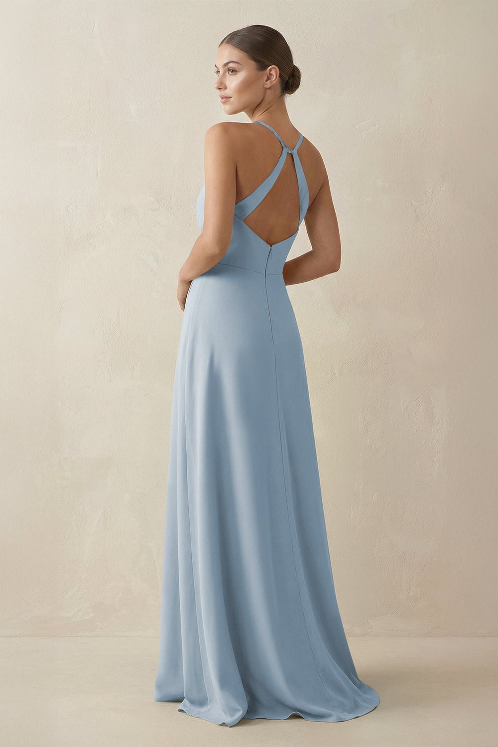 A - Line Chiffon Long Bridesmaid Dress With Slit in Dusty Blue - KissProm