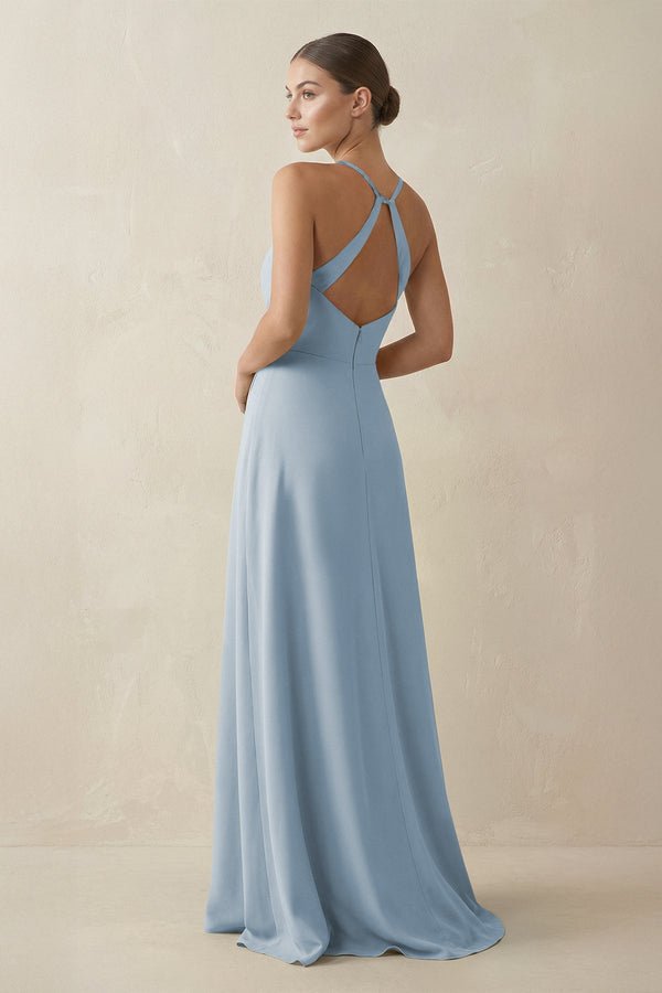 A - Line Chiffon Long Bridesmaid Dress With Slit in Dusty Blue - KissProm