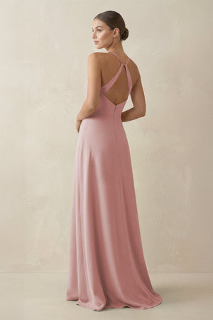 A - Line Chiffon Long Bridesmaid Dress With Slit in Dusty Rose - KissProm
