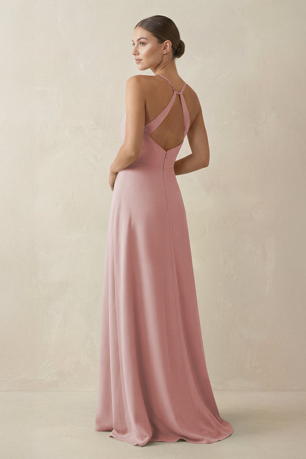 A - Line Chiffon Long Bridesmaid Dress With Slit in Dusty Rose - KissProm