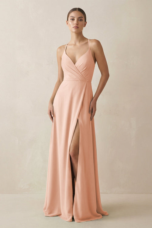 KissProm A-Line Chiffon Long Bridesmaid Dress With Slit in English Rose, English Rose / 16