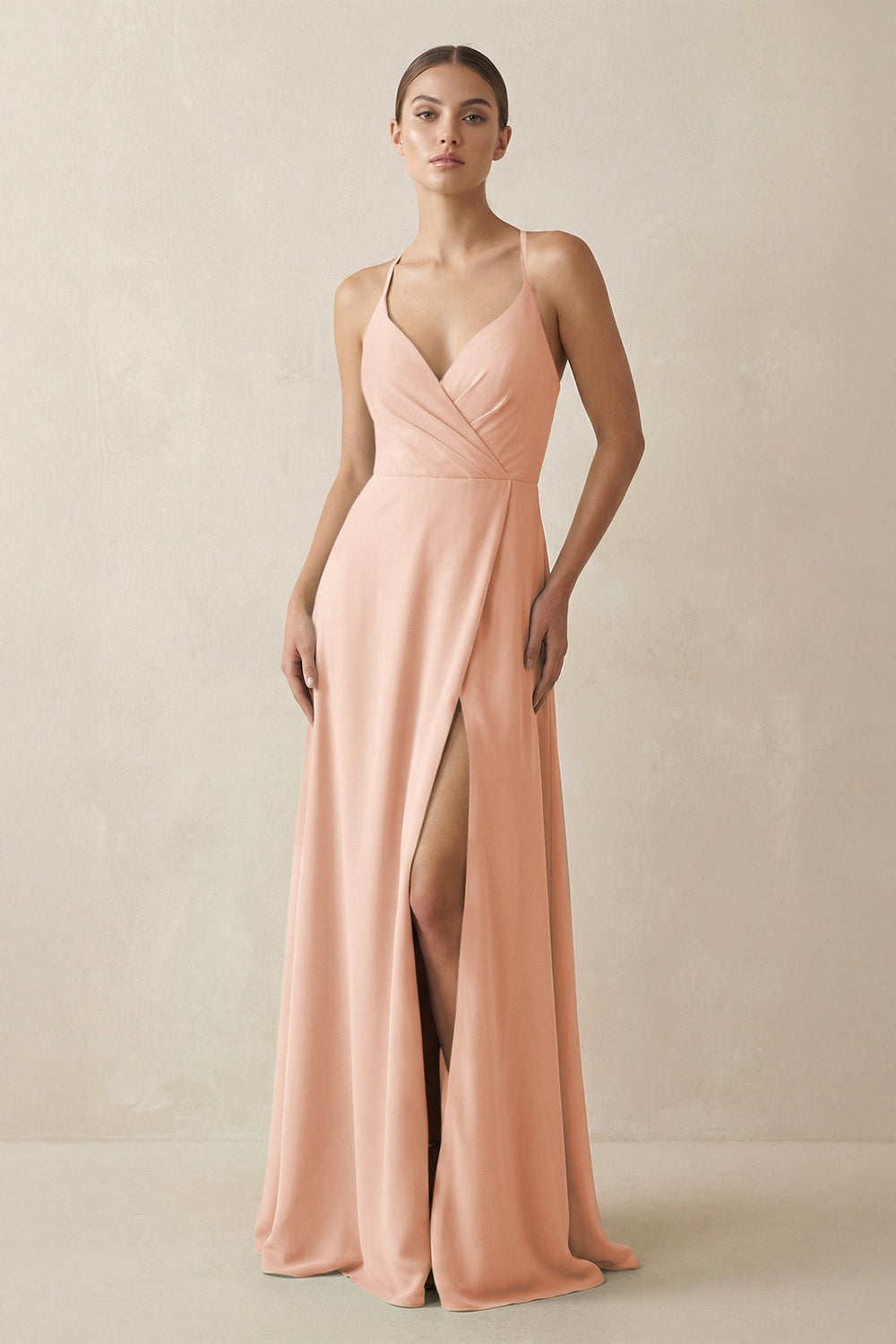 A - Line Chiffon Long Bridesmaid Dress With Slit in English Rose - KissProm