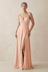 A - Line Chiffon Long Bridesmaid Dress With Slit in English Rose - KissProm