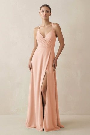A - Line Chiffon Long Bridesmaid Dress With Slit in English Rose - KissProm