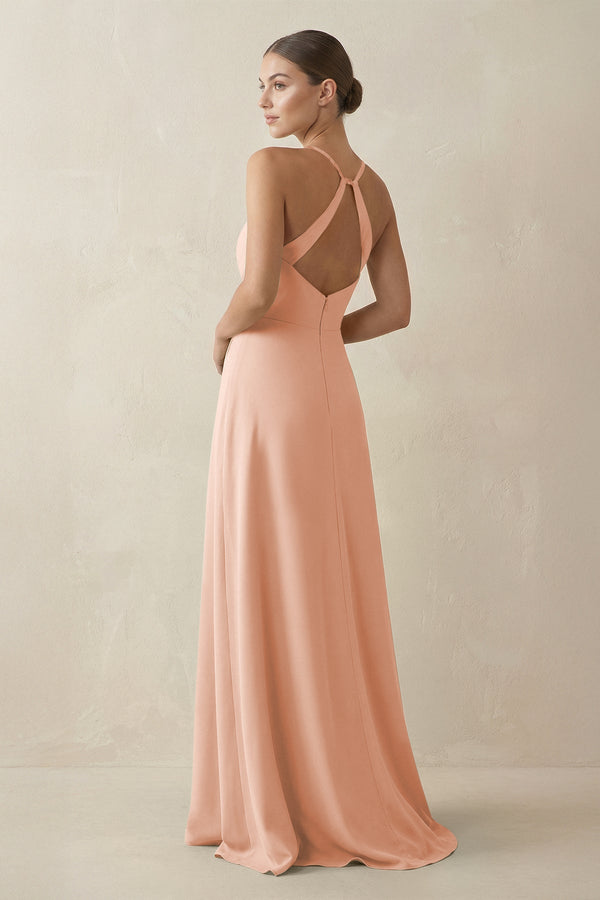 A - Line Chiffon Long Bridesmaid Dress With Slit in English Rose - KissProm