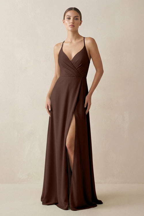 A - Line Chiffon Long Bridesmaid Dress With Slit in Espresso - KissProm