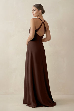 A - Line Chiffon Long Bridesmaid Dress With Slit in Espresso - KissProm