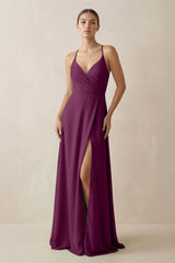 A - Line Chiffon Long Bridesmaid Dress With Slit in Fig - KissProm