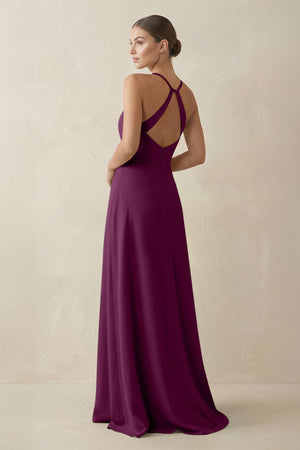 A - Line Chiffon Long Bridesmaid Dress With Slit in Fig - KissProm