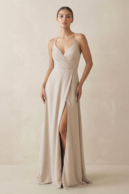 A - Line Chiffon Long Bridesmaid Dress With Slit in Frost - KissProm