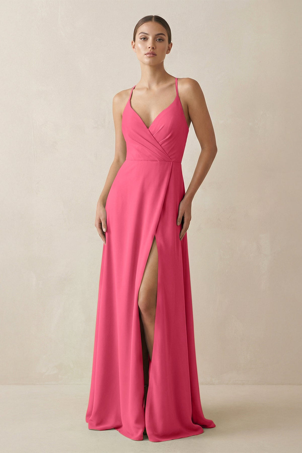 A - Line Chiffon Long Bridesmaid Dress With Slit in Fuchsia - KissProm