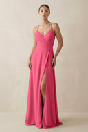 A - Line Chiffon Long Bridesmaid Dress With Slit in Fuchsia - KissProm