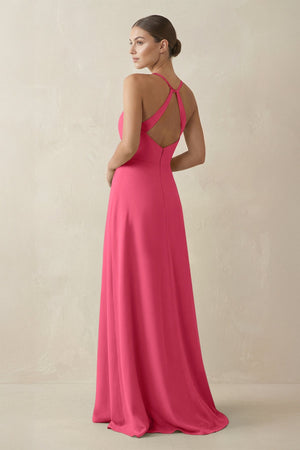 A - Line Chiffon Long Bridesmaid Dress With Slit in Fuchsia - KissProm
