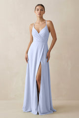 A - Line Chiffon Long Bridesmaid Dress With Slit in Ice - KissProm