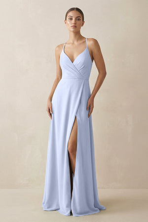 A - Line Chiffon Long Bridesmaid Dress With Slit in Ice - KissProm
