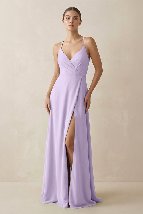 KissProm A-Line Chiffon Long Bridesmaid Dress With Slit in Lavender, Lavender / 16