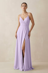 A - Line Chiffon Long Bridesmaid Dress With Slit in Lavender - KissProm