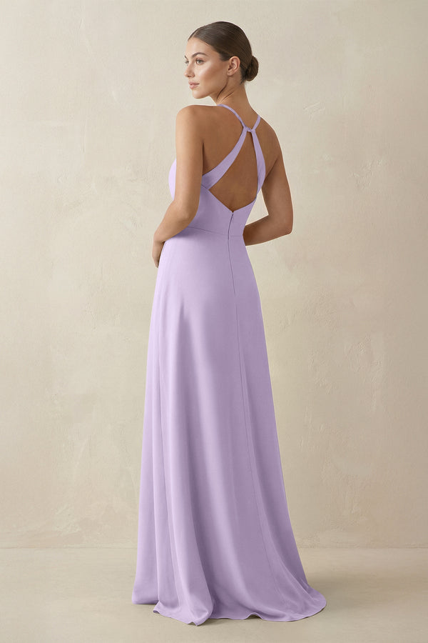 A - Line Chiffon Long Bridesmaid Dress With Slit in Lavender - KissProm