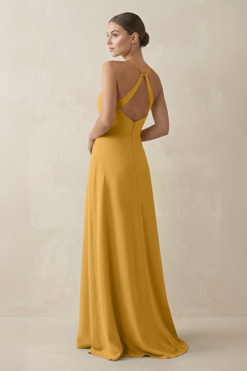 A - Line Chiffon Long Bridesmaid Dress With Slit in Marigold - KissProm
