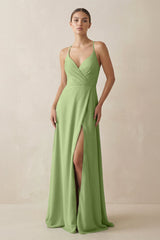 A - Line Chiffon Long Bridesmaid Dress With Slit in Matcha - KissProm