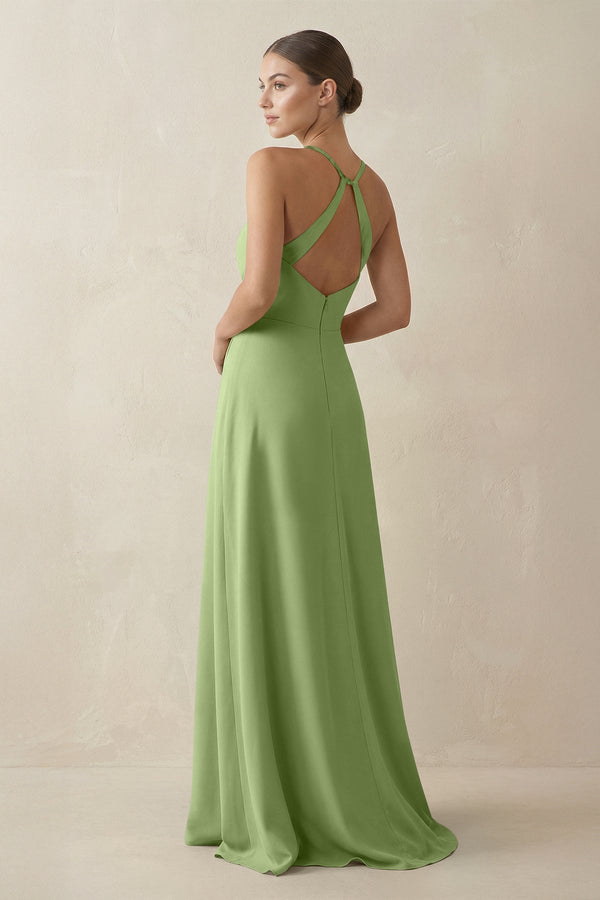 A - Line Chiffon Long Bridesmaid Dress With Slit in Matcha - KissProm