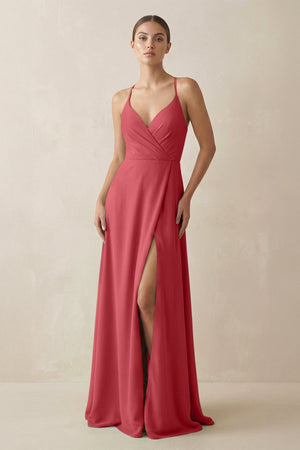 A - Line Chiffon Long Bridesmaid Dress With Slit in Merlot - KissProm