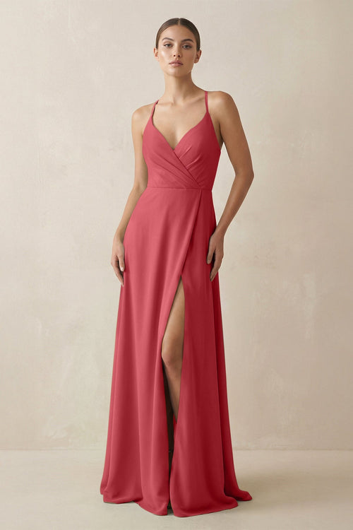 A - Line Chiffon Long Bridesmaid Dress With Slit in Merlot - KissProm