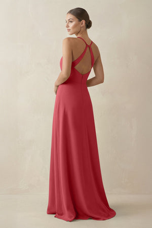 A - Line Chiffon Long Bridesmaid Dress With Slit in Merlot - KissProm