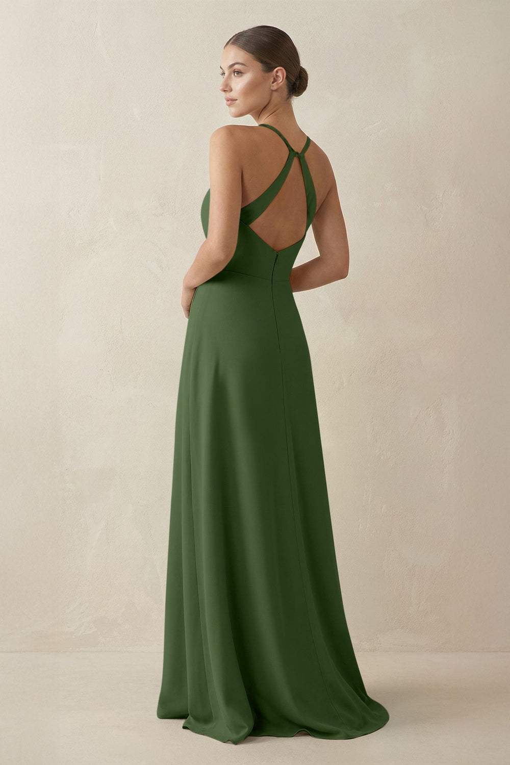 A - Line Chiffon Long Bridesmaid Dress With Slit in Moss - KissProm