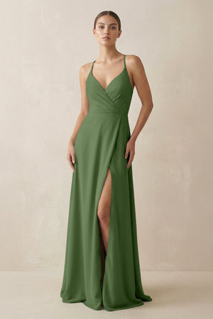 A - Line Chiffon Long Bridesmaid Dress With Slit in Moss - KissProm