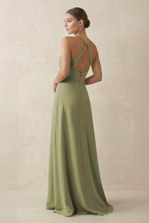 A - Line Chiffon Long Bridesmaid Dress With Slit in Moss Green - KissProm