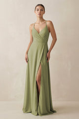 A - Line Chiffon Long Bridesmaid Dress With Slit in Moss Green - KissProm
