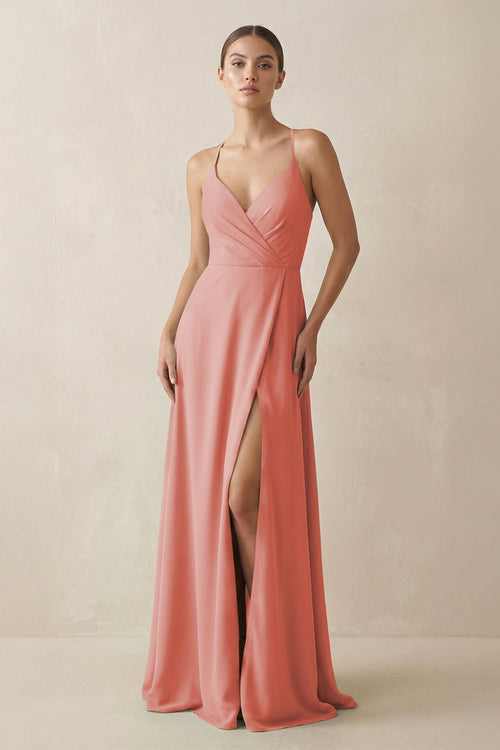 KissProm A-Line Chiffon Long Bridesmaid Dress With Slit in Mulberry, Mulberry / 8