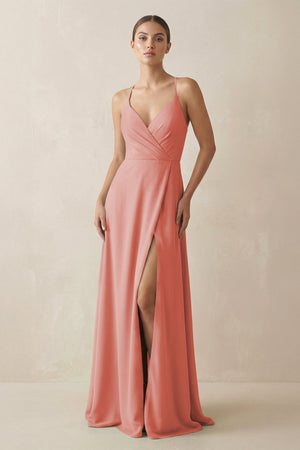 A - Line Chiffon Long Bridesmaid Dress With Slit in Mulberry - KissProm